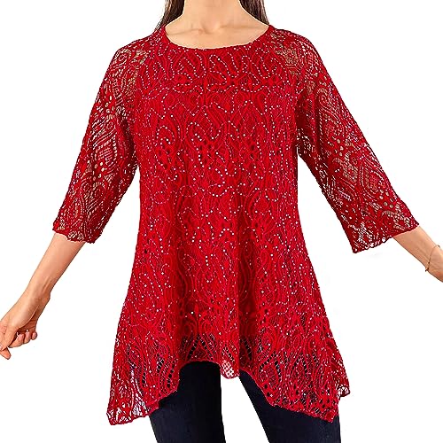 3/4 Sleeve - Red Floral Glitter Sequins Lace