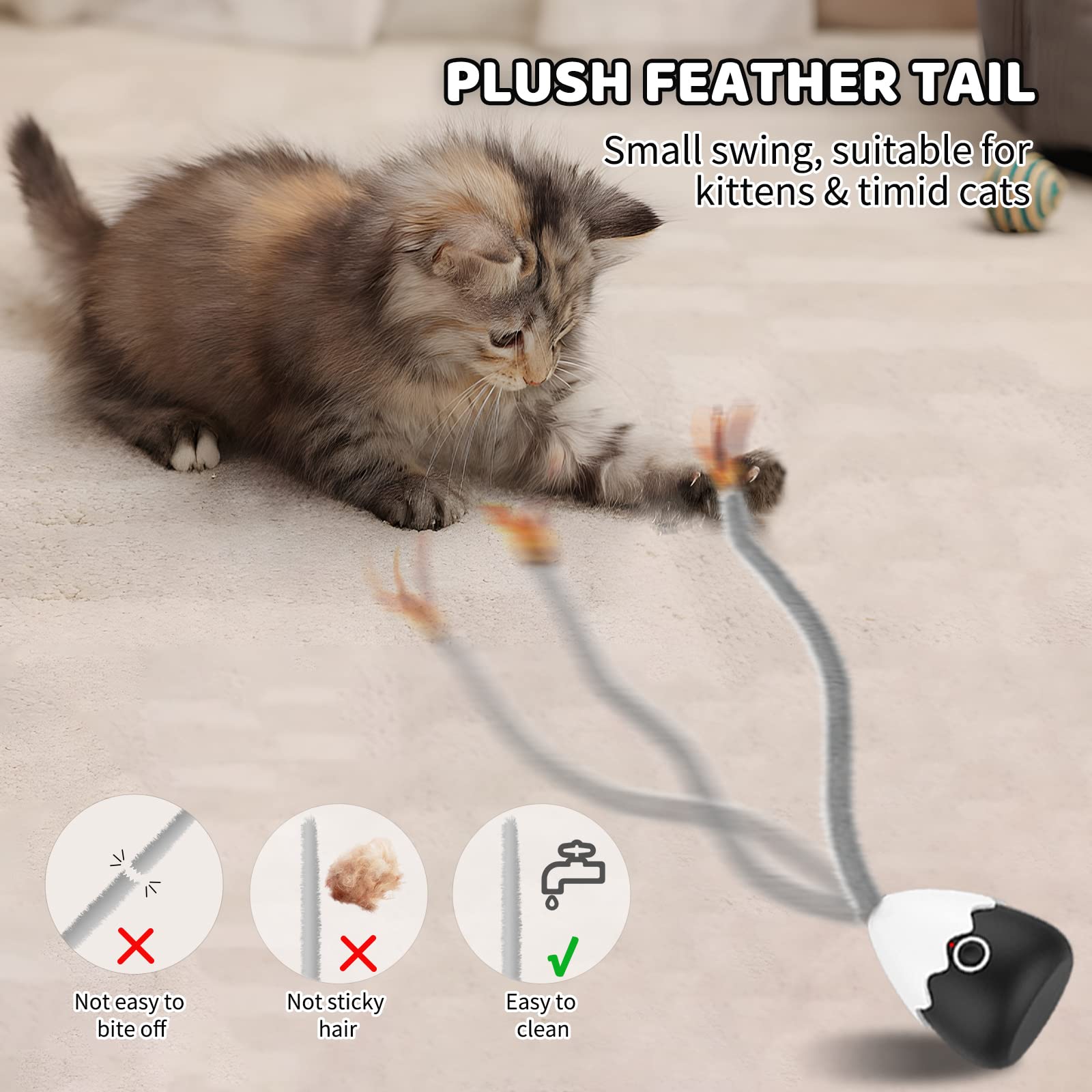 Rechargeable Plush Cat Wand Toy with Silicone Teaser Tail - Interactive Electronic Cat Toys for Indoor Cats & Kittens - Automatic Exercise Cat Toy for Playtime & Training - Perfect for Boredom Relief & Bonding (Black)