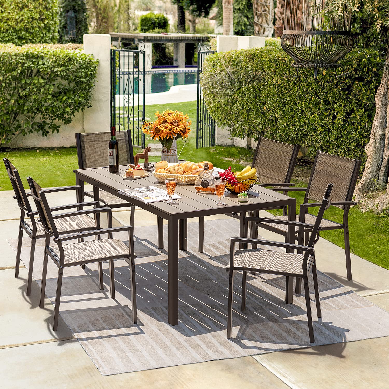 Homall 7-Piece Outdoor Patio Dining Set with 6 Stackable Textilene Chairs & Large Table - Beige Garden Furniture for Yard, Porch, Poolside & Backyard Entertaining