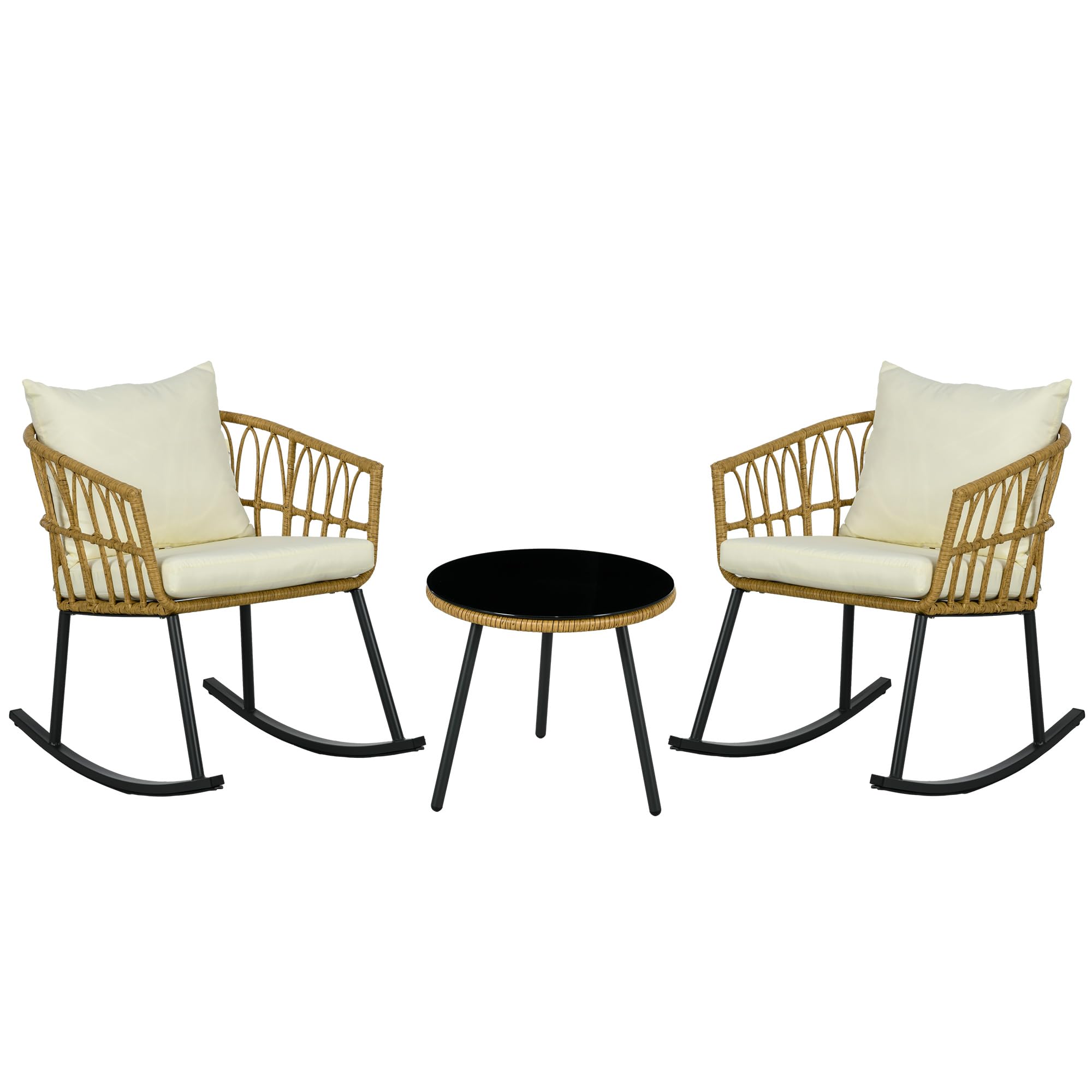 Outsunny 3-Piece Wicker Outdoor Rocking Chair Set with 2 Rockers, Glass Coffee Table & Cushions - Cream White Patio Conversation Furniture for Balcony, Backyard, Garden or Porch - Perfect for Relaxing, Entertaining & Enjoying Outdoor Living