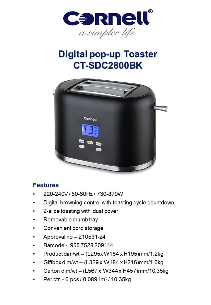 Cornell CTSDC2800BK 2-Slice Digital Pop Up Toaster - Stainless Steel, Wide Slots, 7 Shade Settings, Bagel & Defrost Functions - Perfect for Breakfast, Office, Dorm & Kitchen Use