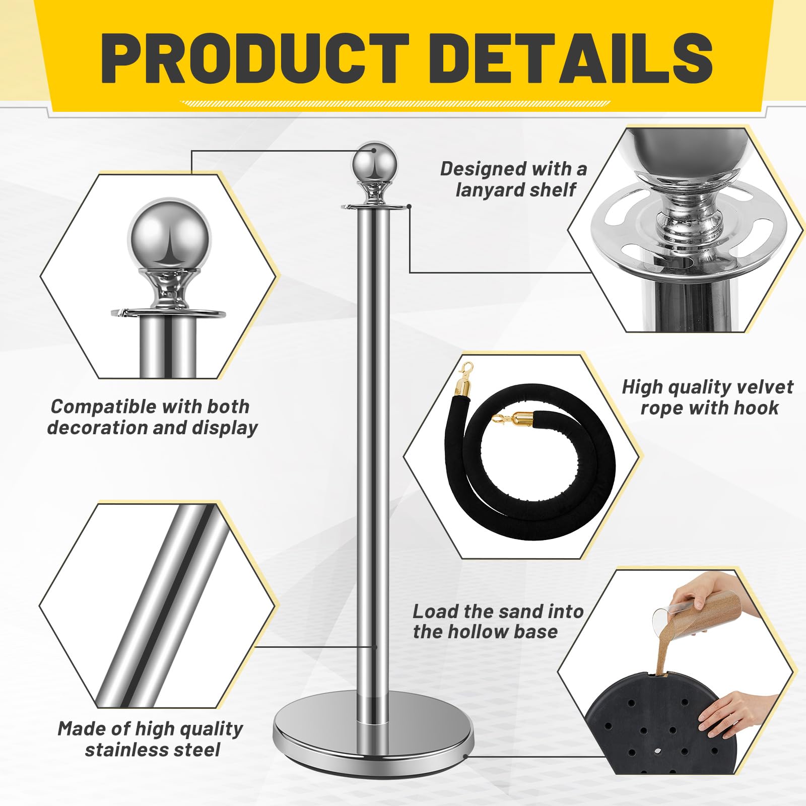 6-Pack Ferraycle 5ft Silver Stainless Steel Crowd Control Stanchions with Black Velvet Ropes - Perfect for Events, Parties, VIP Areas & Queue Management
