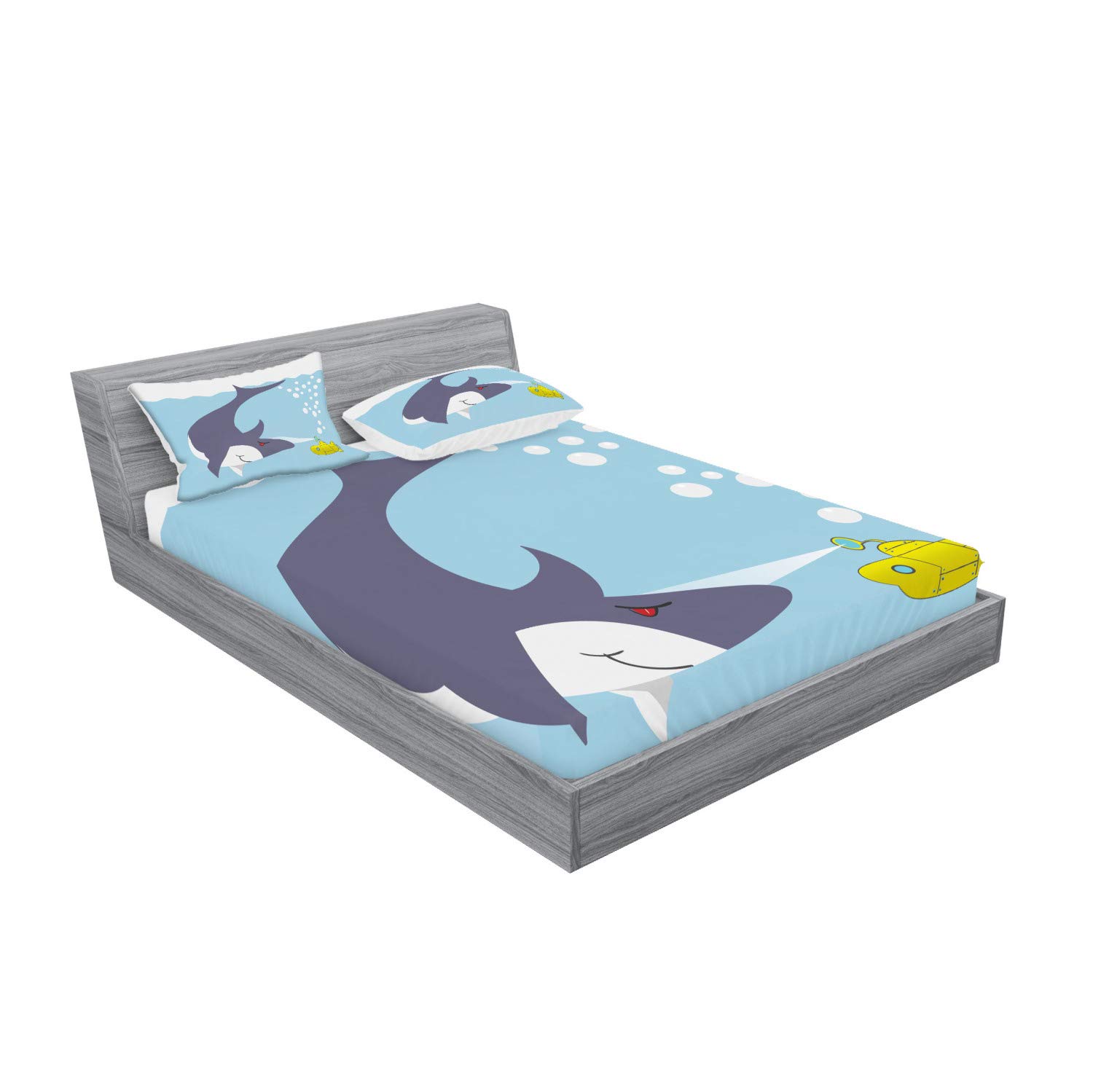 Ambesonne Yellow Submarine Fitted Sheet & Pillow Sham Set - Shark & Vessel Ocean Bubbles Underwater Theme Cartoon Animal Print 3-Piece King Size Bedding Set in Blue Grey Yellow | Nautical Kids Room Decor, Beach House Bedroom Design