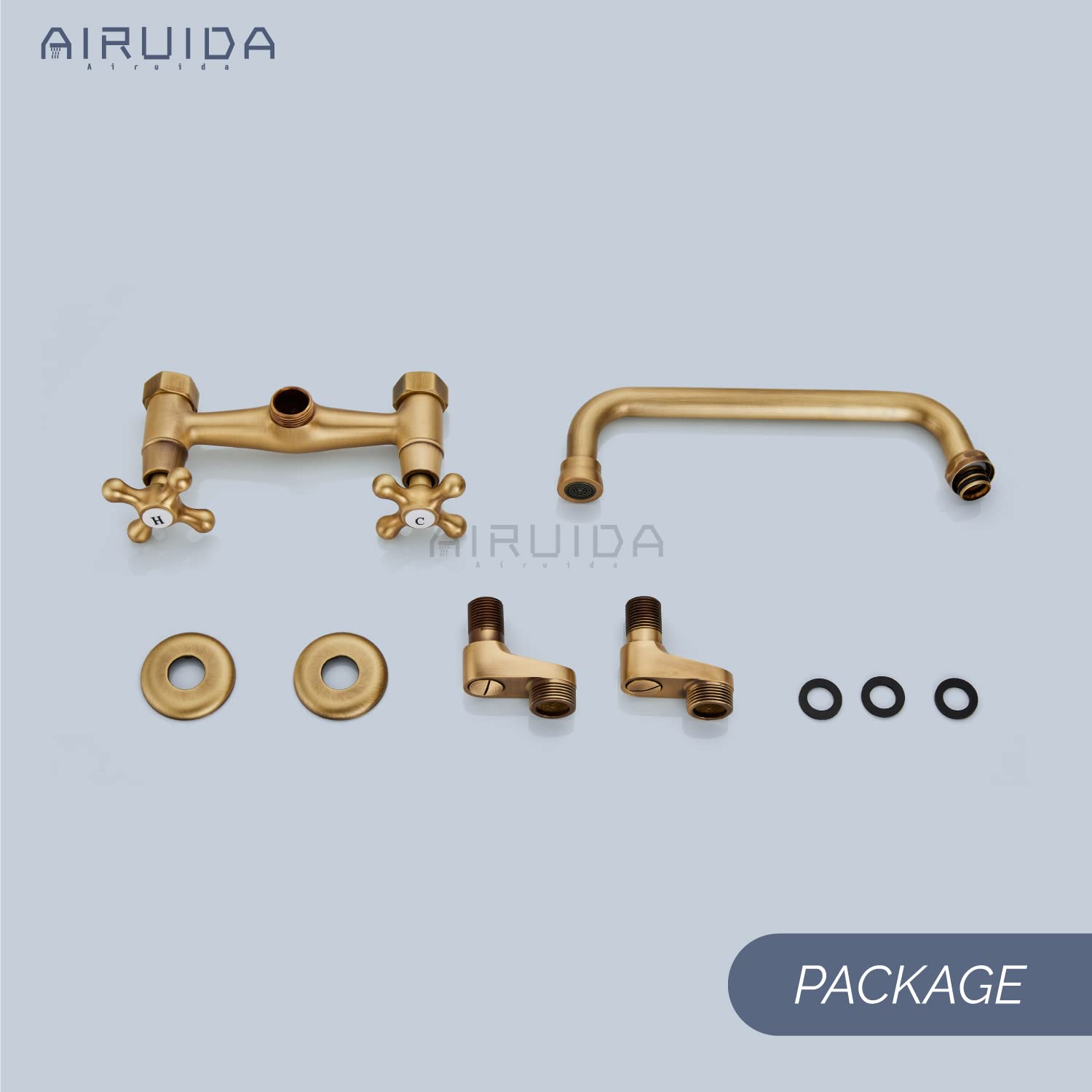 Antique Brass Wall Mounted Kitchen Faucet - Double Cross Handle 9