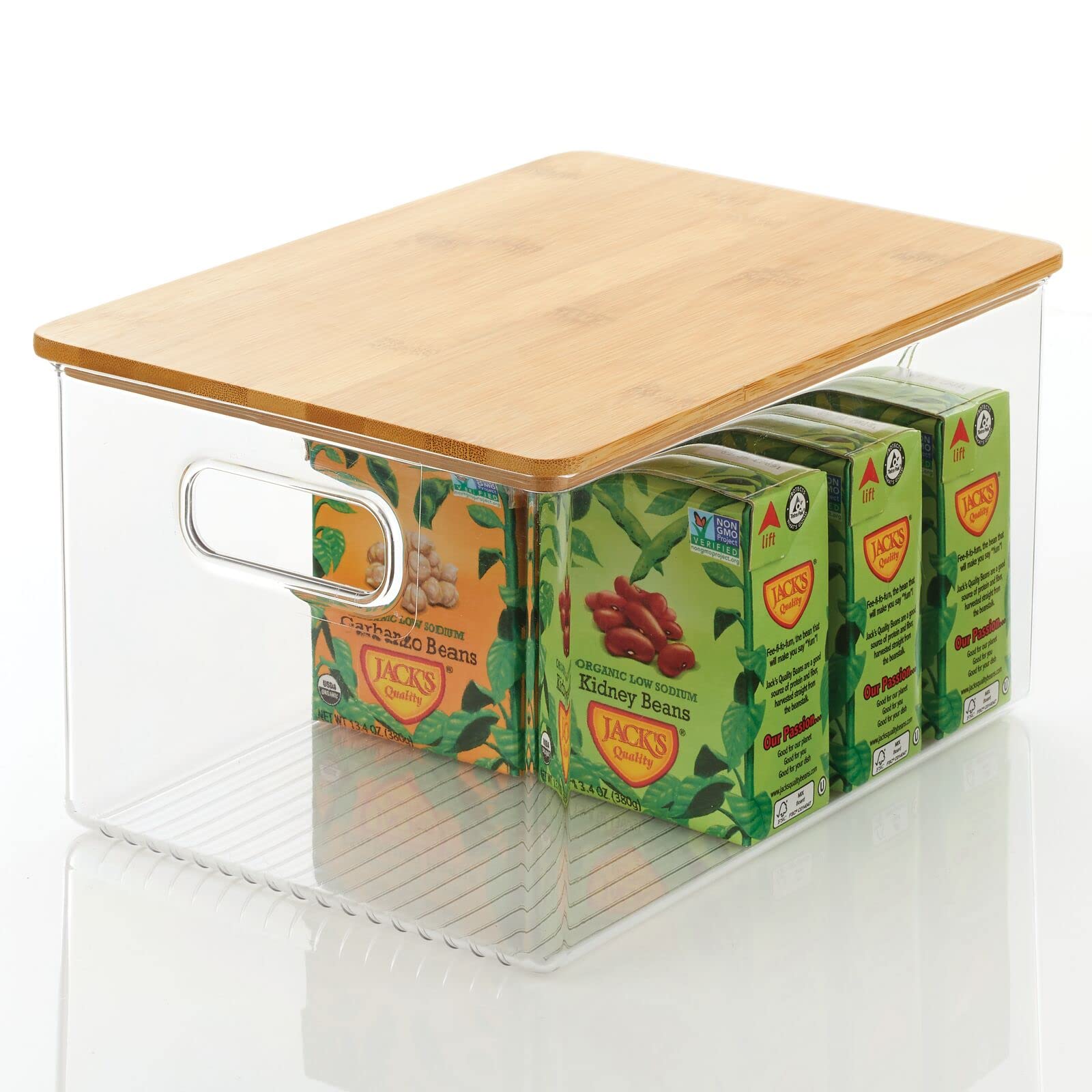 mDesign Plastic Stackable Kitchen Pantry Cabinet Organizer - 8-Pack Clear/Natural Food Storage Bins with Bamboo Lids & Built-In Handles - Perfect for Organizing Fruits, Snacks, Pasta & Jars in Pantry, Cabinet or Countertop - Ligne Collection