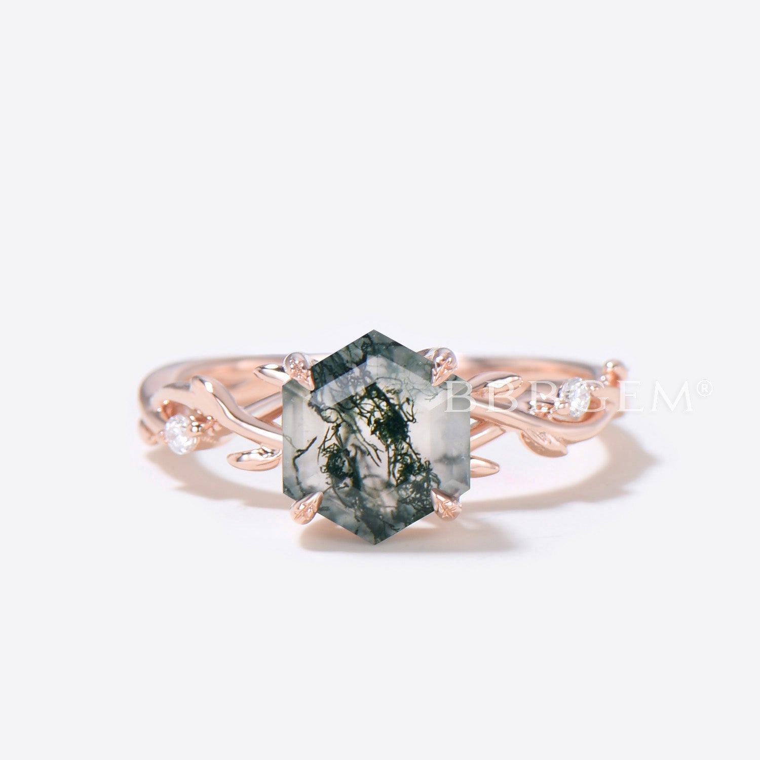 Natural Moss Agate Hexagon Cut Twig Vine Ring - Green Gemstone Jewelry for Women, Boho Style Statement Ring for Everyday Wear & Special Occasions