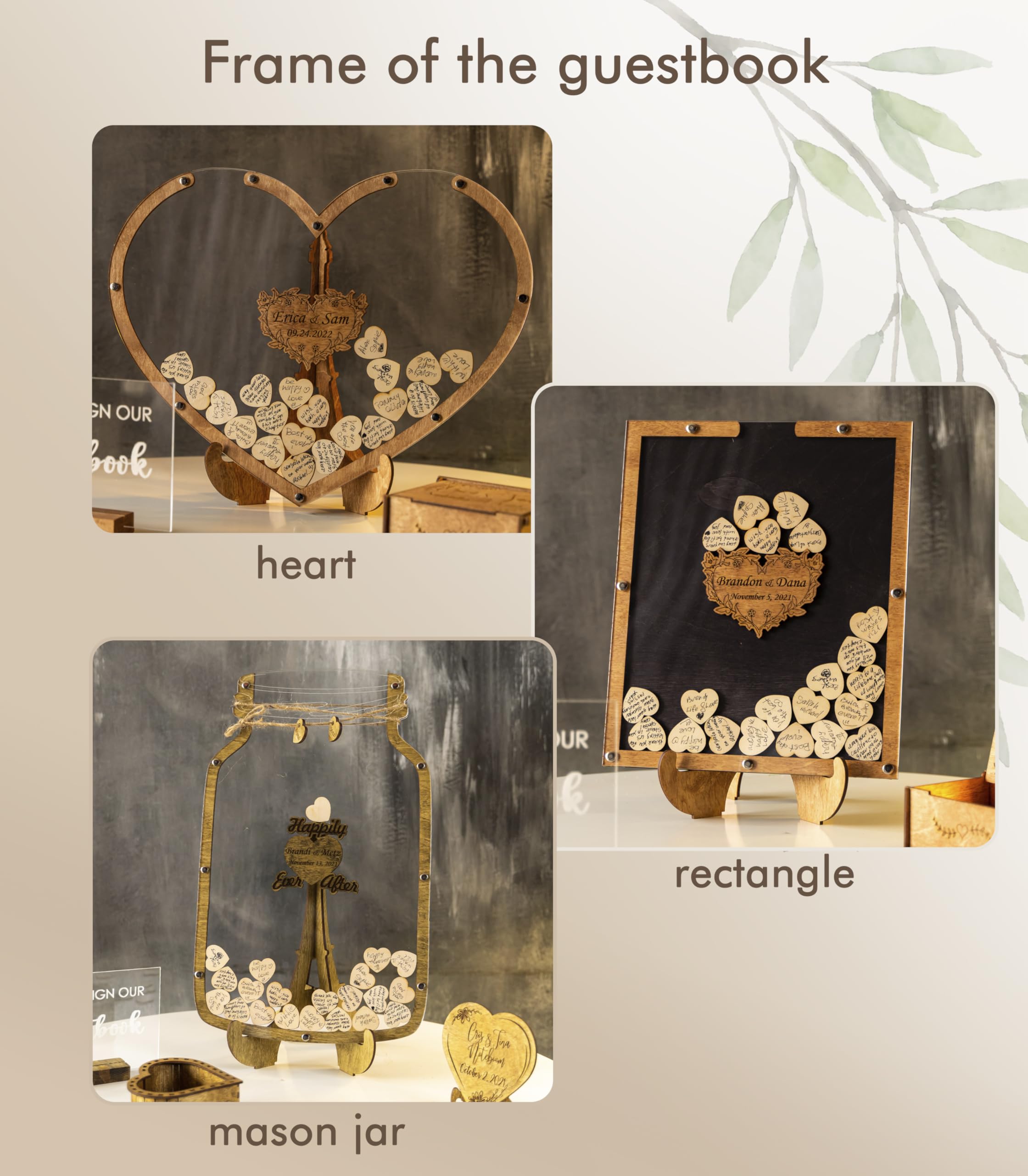 Rustic Wooden Wedding Guest Book with Heart Drop Frame - Personalized Alternative Guest Book Sign for Wedding Decor & Keepsake - Elegant Ebony Wood Drop Box for Ceremonies, Receptions & Anniversaries