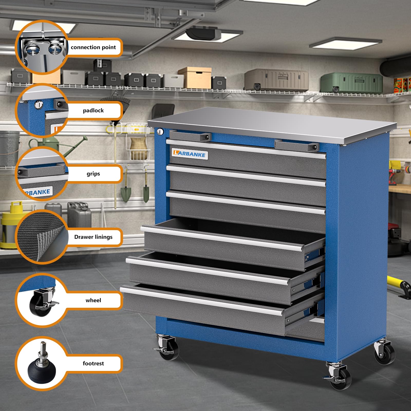 7-Drawer Rolling Toolbox with 360° Lockable Wheels & Padded Feet - Heavy Duty Tool Chest with Keyed Lock System & Drawer Liners - Expandable Storage System for Garage, Workshop & Professional Use