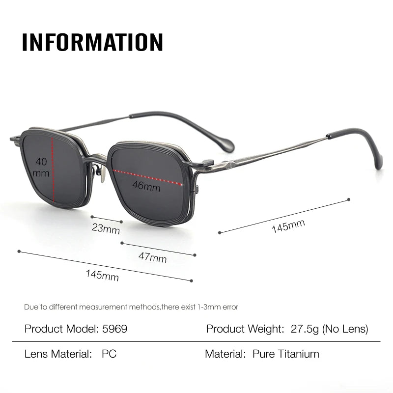 Aror Unisex Full Rim Square Titanium Eyeglasses with Clip-On Sunglasses - Lightweight Durable Frame for Men & Women - Perfect for Driving, Reading & Outdoor Activities (Model 5969)