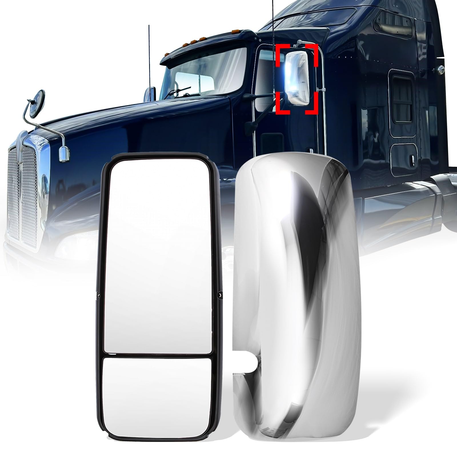 Heated Defrost Rear View Mirror Assembly for Kenworth T660 T600 T800 T170 T270 T370 T440 T470 - Driver Side Left Chrome Mirror - Perfect for Winter Driving & Truck Safety