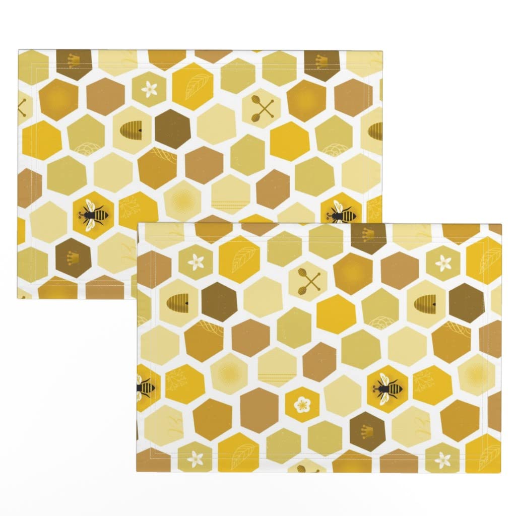 Honeycomb Bee Print Linen Cotton Canvas Placemats Set of 2 - Yellow Beehive Design Kitchen Table Mats for Dining, Picnics & Home Decor