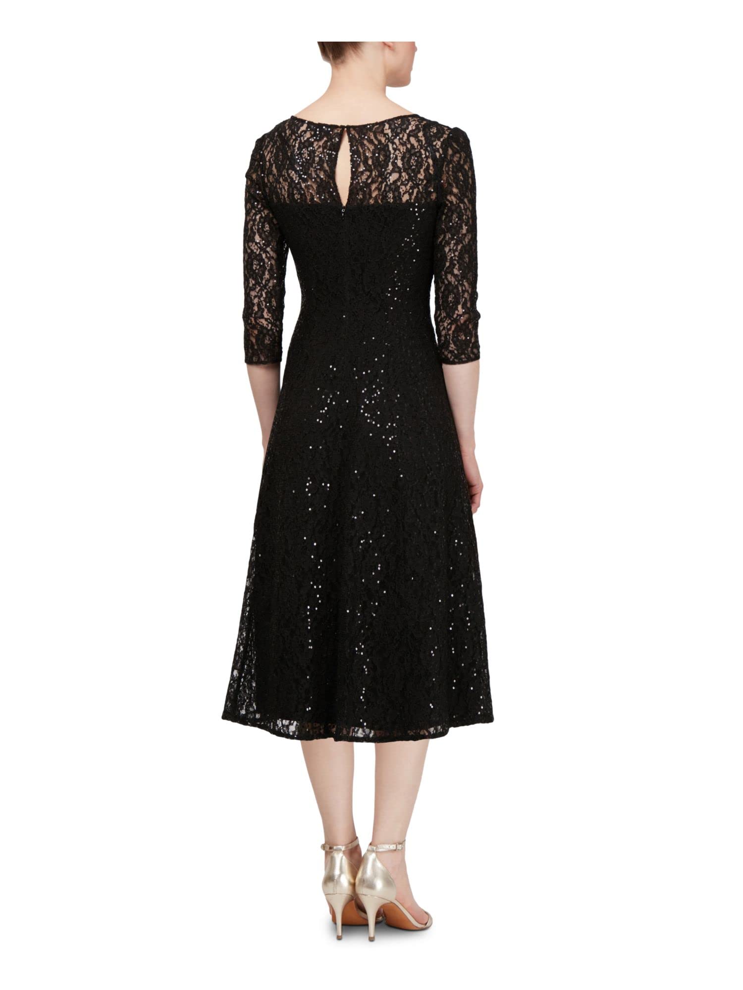Elegant Women's Tea Length Sequin Lace Dress with Three Quarter Sleeves | Formal Occasions & Evening Parties | S.L. Fashions