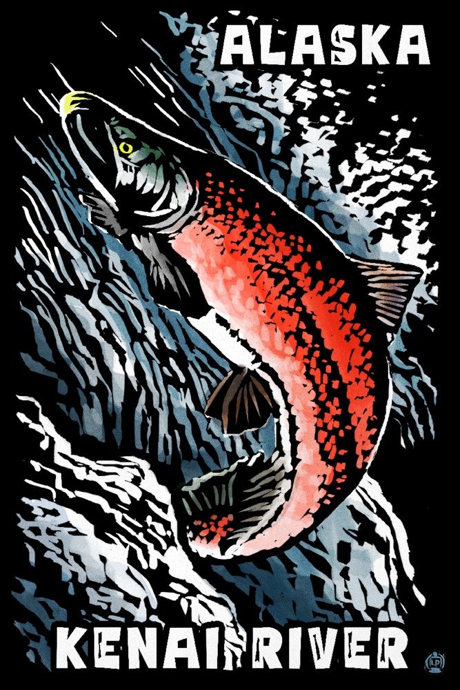Kenai River Alaska Sockeye Salmon Scratchboard Art Print - 24x36 Signed Wall Decor Poster - Perfect for Home, Office & Cabin Decor