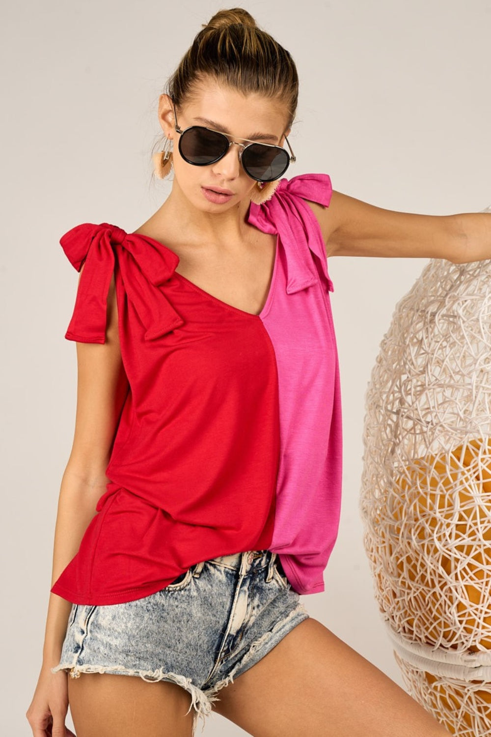 Bibi Shoulder Ribbon Tie Contrast Tank Top - Women's Fashion Blouse for Casual Wear, Summer Outfits & Layering