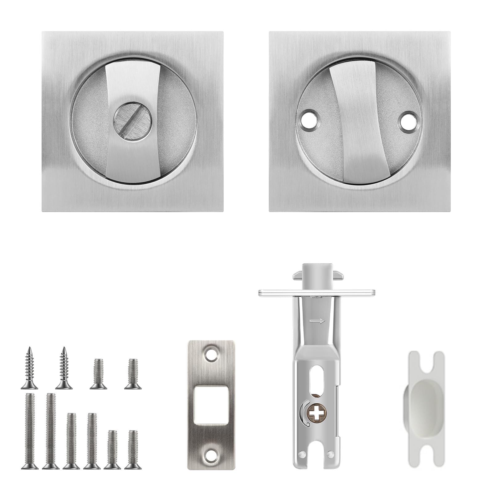 Square Pocket Door Lock - Satin Nickel Contemporary Privacy Sliding Door Hardware, Flush Mount Latch for Bedroom & Bathroom (2-3/8