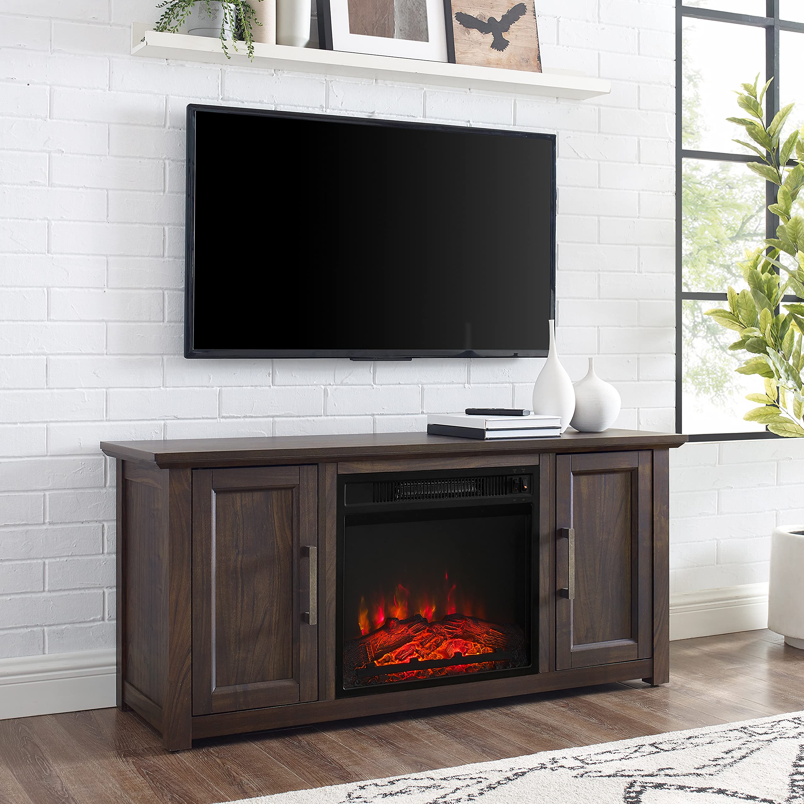 Crosley Camden Low Profile Fireplace TV Stand for 50+ Inch TVs - Dark Walnut Entertainment Center with Storage Shelves | Perfect for Living Room, Bedroom & Home Theater Setup