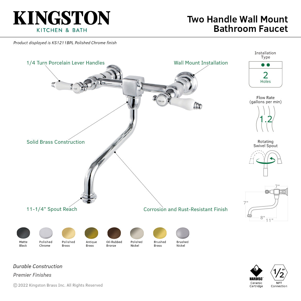 Bel Air KS1218BPL Brushed Nickel Bathroom Faucet - Double Handle Wall Mount 2 Hole Sink Faucet for Bathroom Vanity, Powder Room & Guest Bath - Durable & Stylish Modern Design