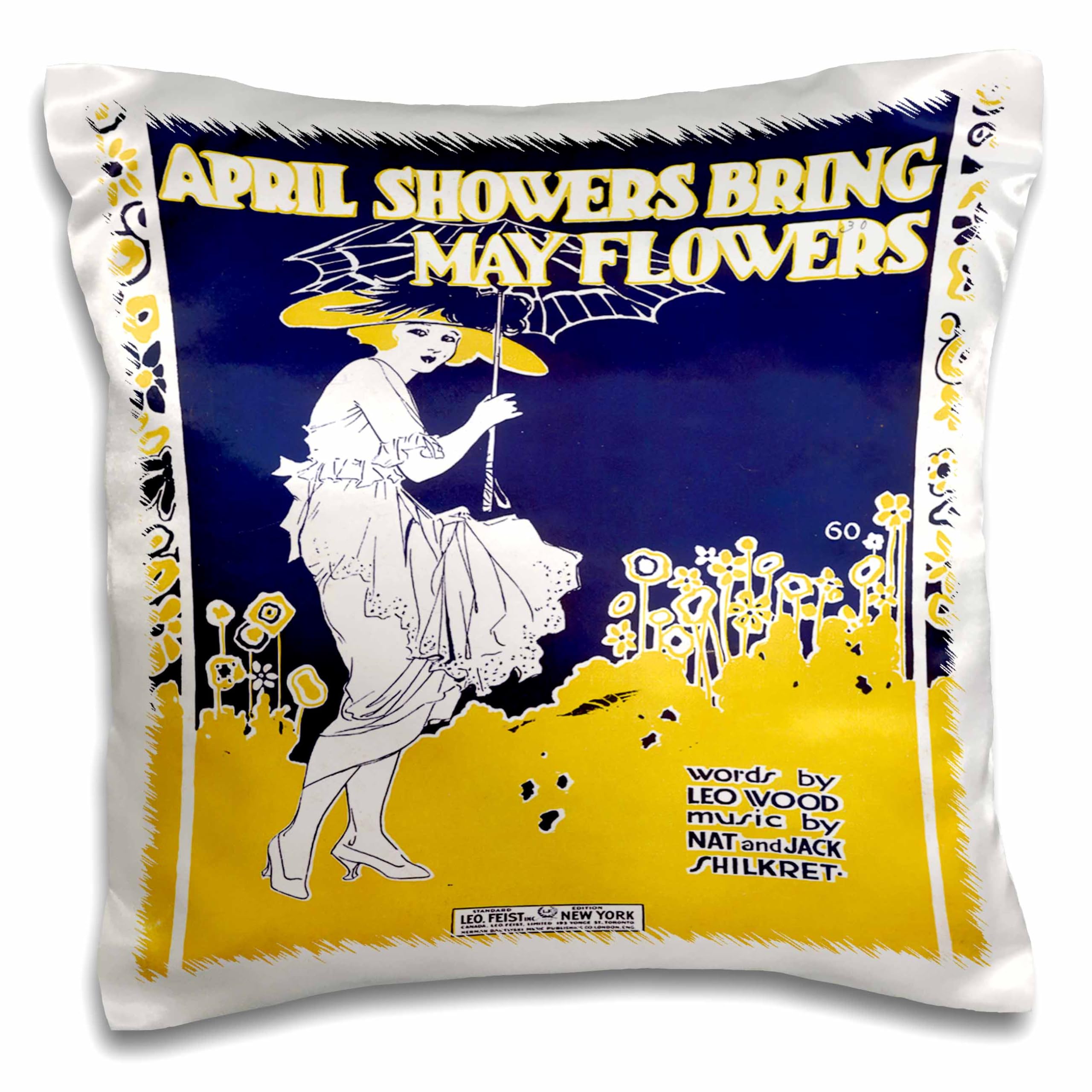 3dRose April Showers Bring May Flowers Blue and Yellow Song Sheet Pillow Cover - 16x16 Inch Decorative Throw Pillow Case for Living Room, Bedroom, Sofa
