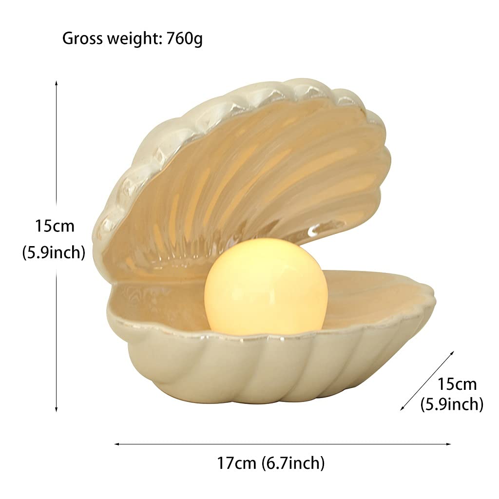Pearl LED Night Light Jewelry Tray - Ceramic Shell Pearl Table Lamp for Bedroom & Living Room Decor, Housewarming Gift - Perfect for Nightstands, Vanity Tables & Home Decoration (White)