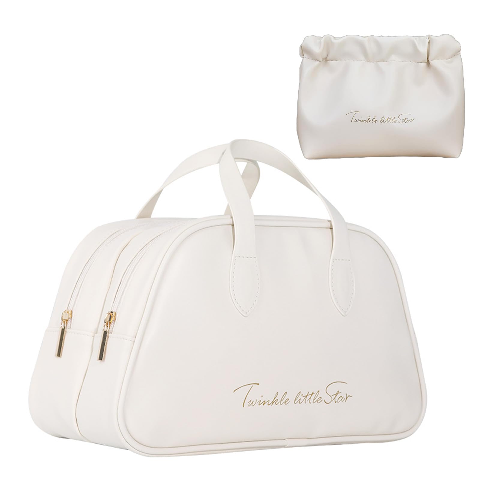 2 Pack Large Waterproof Leather Makeup Bag for Women - Travel Cosmetic Organizer with Handle & Divider, Portable Toiletry & Skincare Storage Bag (White) | Perfect for Travel, Gym, and Daily Beauty Essentials