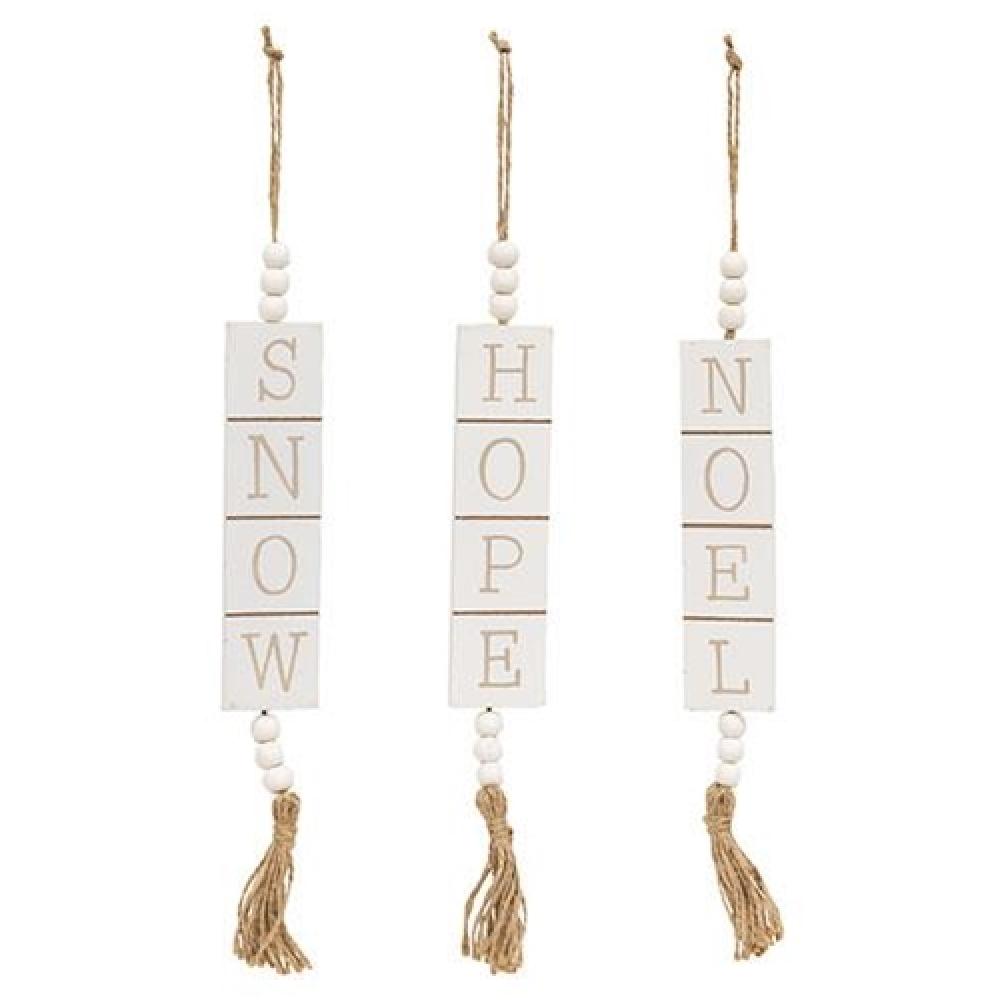 Hope Noel Snow Wooden Tile Hanger - Set of 3 Assorted Christmas Tree Ornaments for Holiday Decor, Gift Giving & Festive Home Decoration