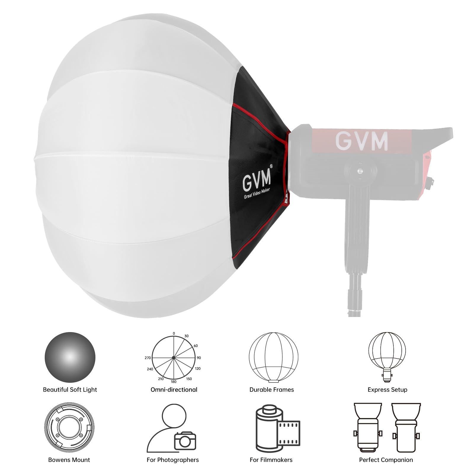 GVM 26-inch/65cm Quick-Setup Bowens Mount Lantern Softbox - Portable Light Modifier for GVM SD Series & Compatible Studio Lights - Perfect for Portrait, Product Photography & YouTube Videos