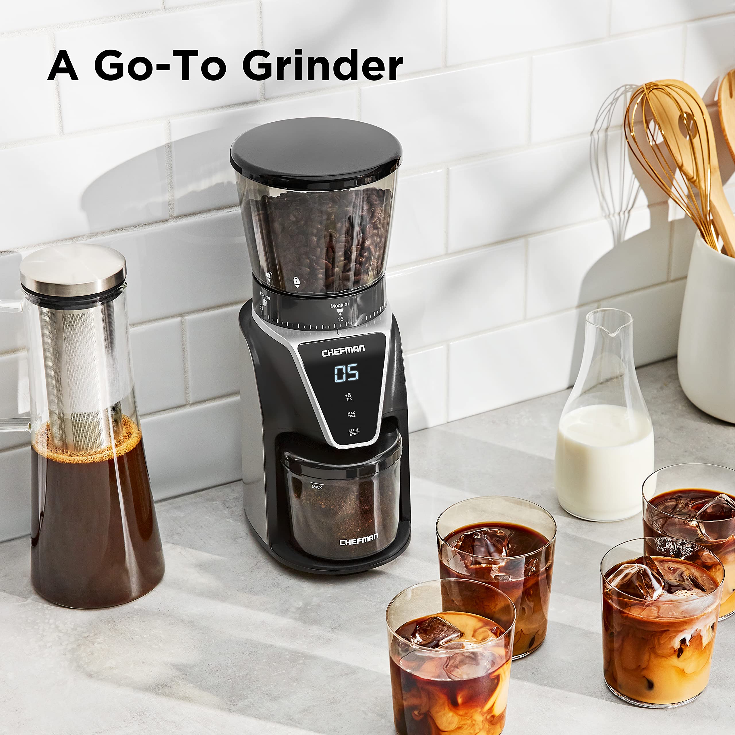 Chefman Conical Burr Coffee Grinder - 31 Adjustable Settings from Coarse to Extra Fine, One-Touch Digital Control, 9.7oz Bean Capacity - Perfect for Espresso, French Press & Pour Over Coffee - Black