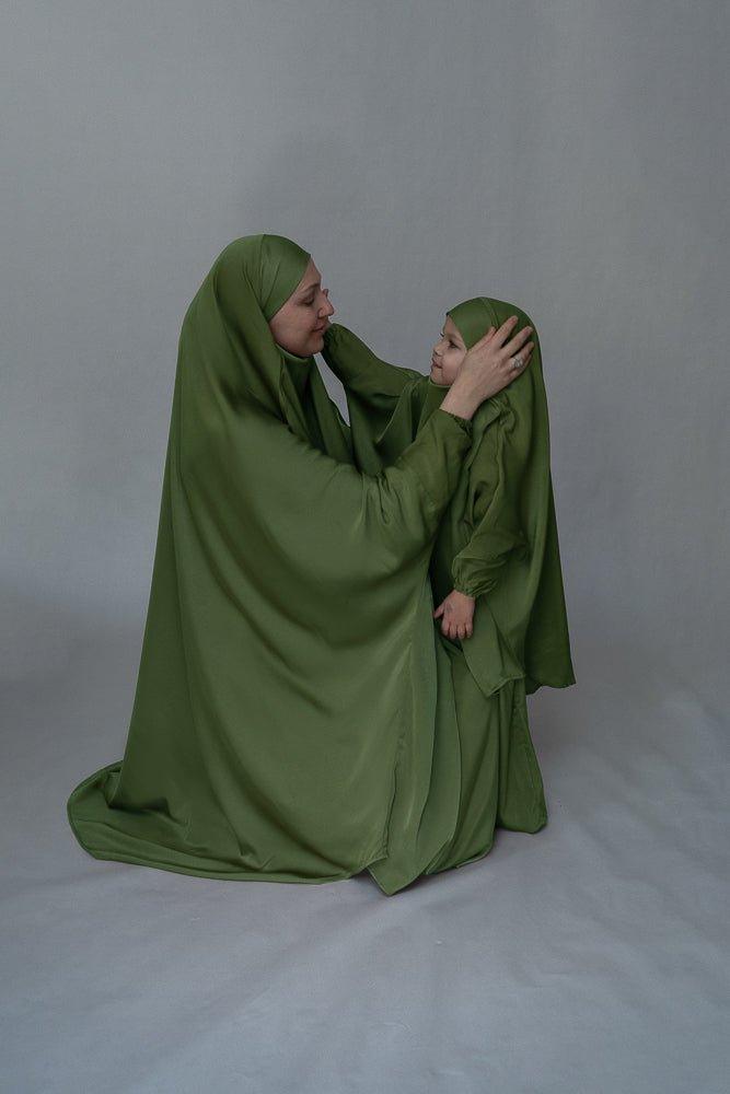Army Green Adult Prayer Gown - Modest Islamic Dress from Mommy and Me Khimar Collection - Perfect for Daily Prayers, Mosque Visits & Special Occasions
