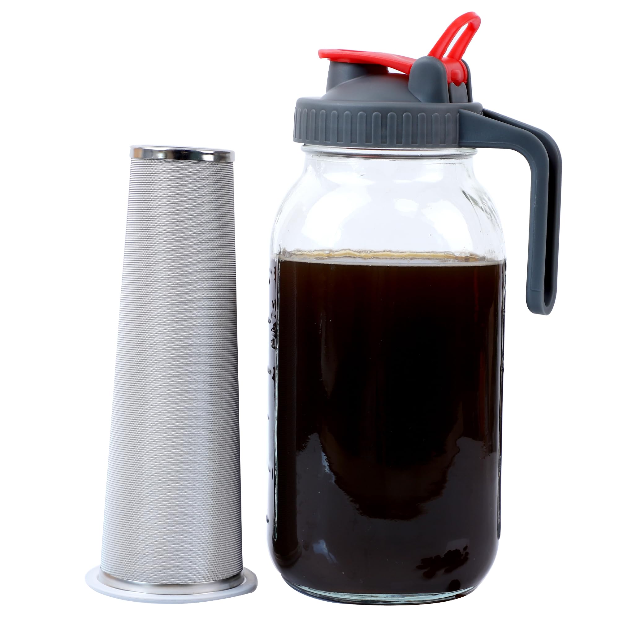 64 Oz (2 Quart) Wide Mouth Mason Jar Cold Brew Coffee Maker with Pour Spout, Handle & Filter - Perfect for Iced Coffee, Tea, Lemonade & Beverages at Home, Office or Outdoor Camping
