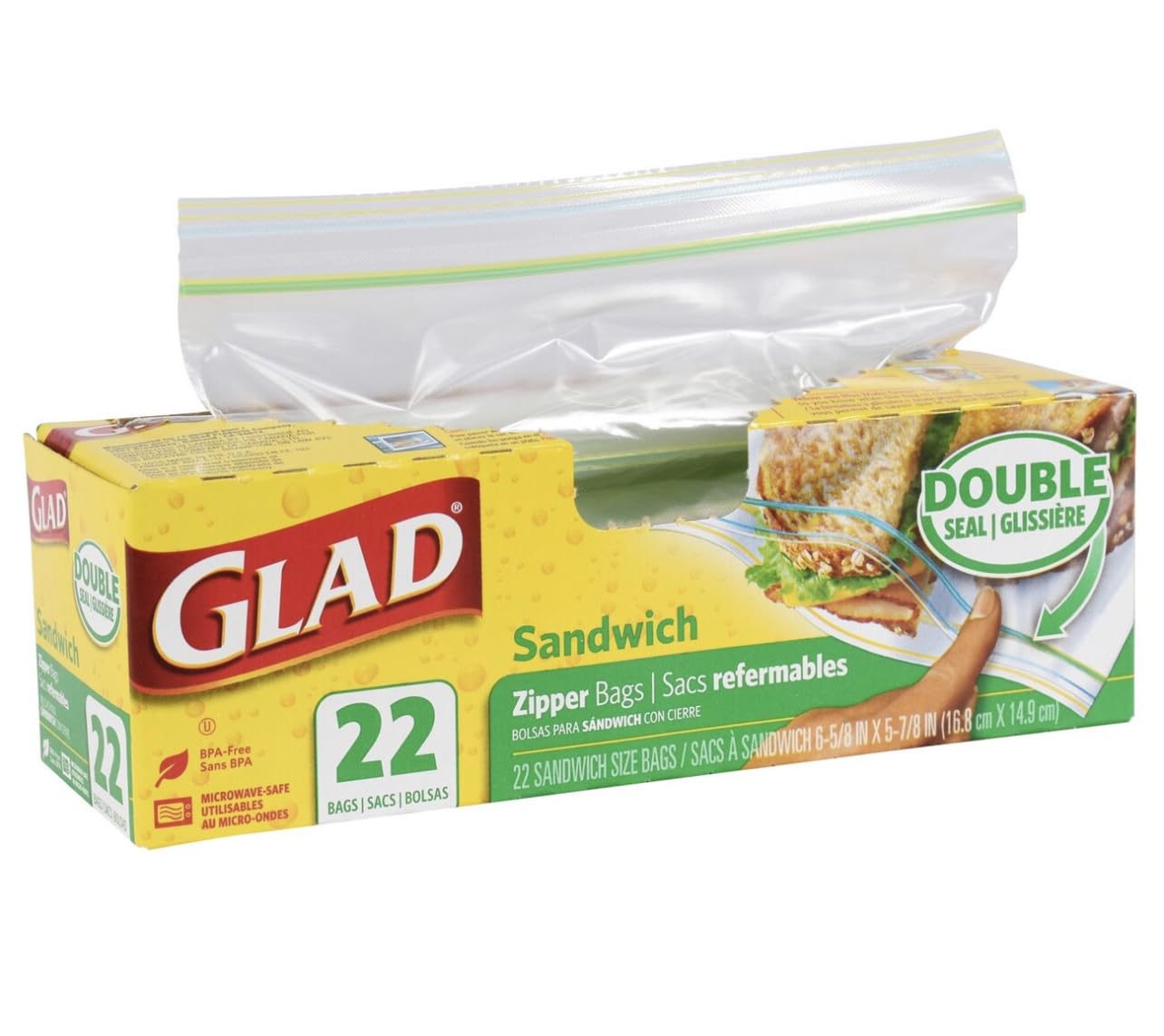 Glad Sandwich Zipper Bags - 22 Count Resealable Food Storage Bags for Lunch, Meal Prep & Leftovers | BPA-Free Plastic Freezer Bags for Freshness | Sandwich Bags for School, Work & Picnics