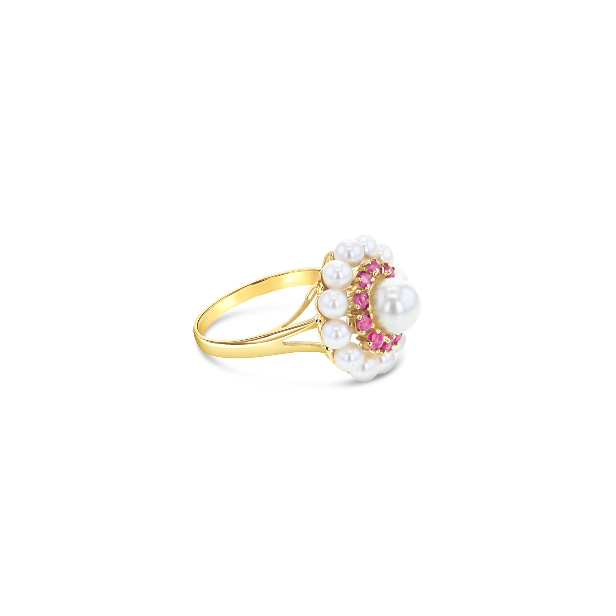 14k Yellow Gold Double Halo Pearl & Ruby Ring with 7MM Pearl - Elegant Jewelry for Weddings, Anniversaries & Special Occasions