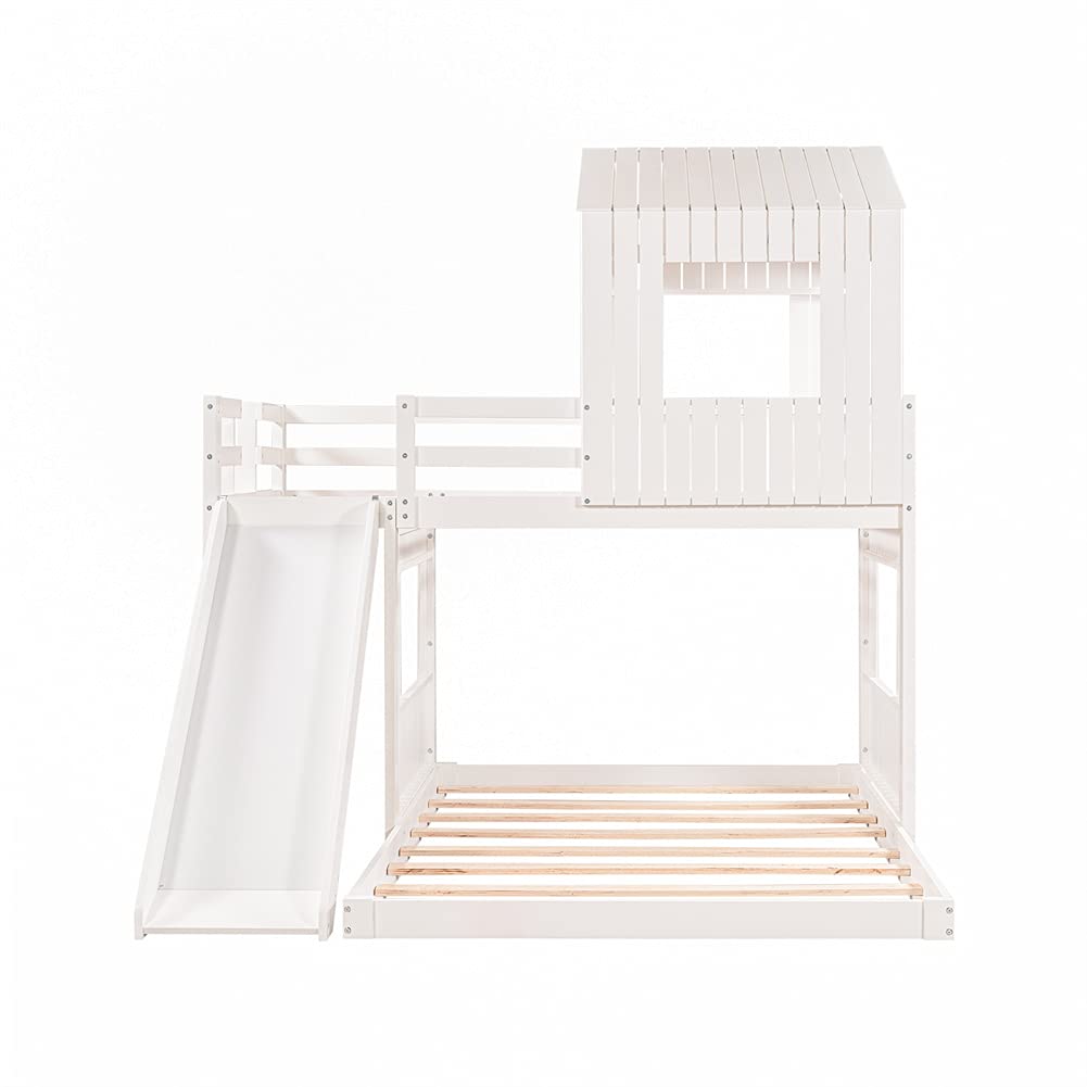 Wooden Twin Over Full Bunk Bed with Playhouse, Ladder & Slide - Farmhouse Style Kids Loft Bed with Safety Guardrails - No Box Spring Needed (White) - Perfect for Small Bedrooms, Playrooms & Sleepovers