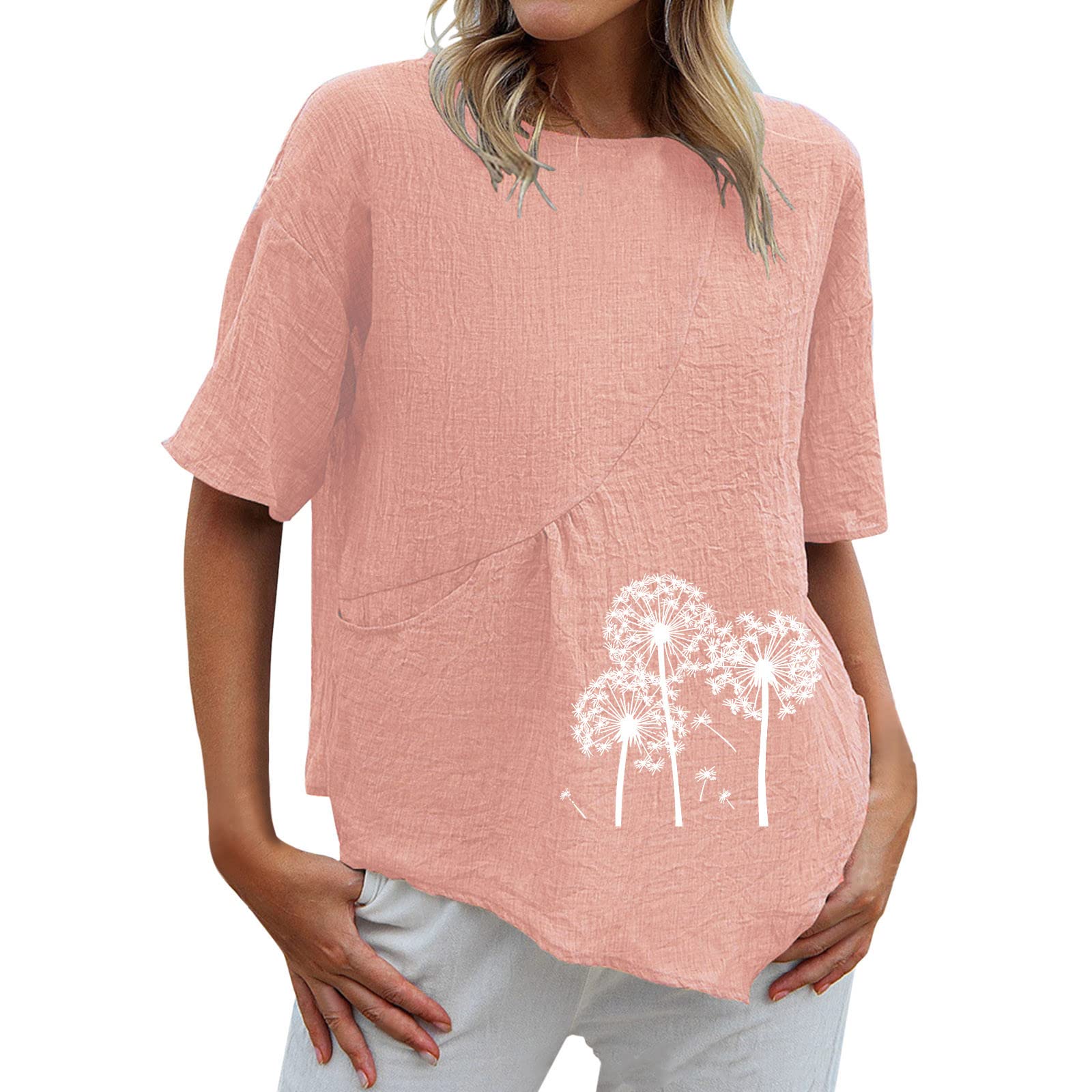 Women's Summer Tops - Cotton Linen Short Sleeve Crewneck Tee Shirts | Casual Loose Fit Vintage Blouse with Dandelion Print | Perfect for Beach Outings, Weekend Brunch & Summer Travel
