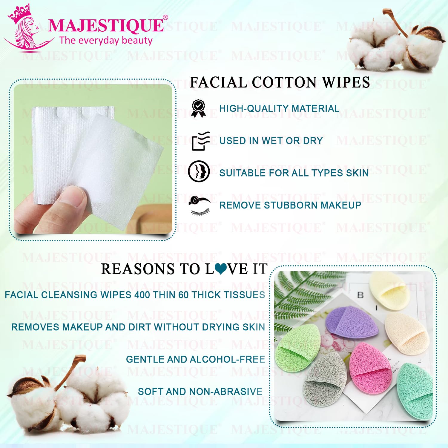 Majestique Reusable Cotton Face Pads & Finger Sponge - Soft Makeup Remover Wipes for Eye & Face Cleansing, Pure Cotton Toner Pads (460 Count) - Eco-Friendly Beauty Routine Essential for Daily Skincare & Makeup Removal