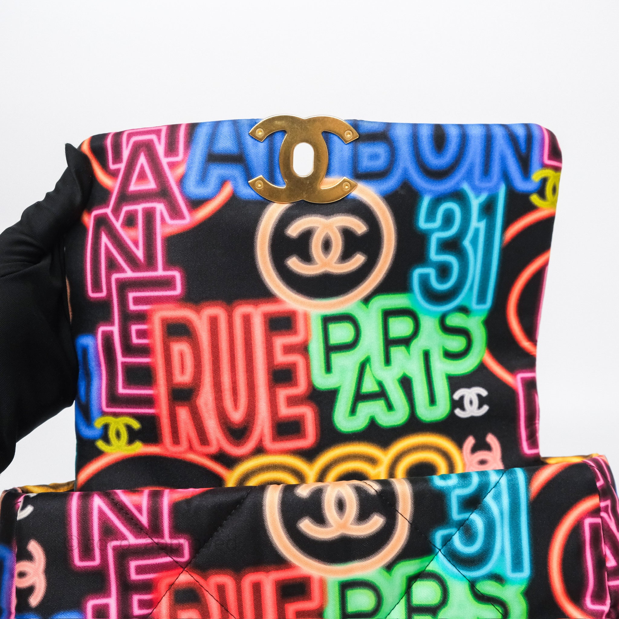 Chanel 19 Small Handbag Black Multicolor Fabric Printed Mixed Hardware - Luxury Designer Crossbody Bag for Women, Perfect for Date Night & Evening Events