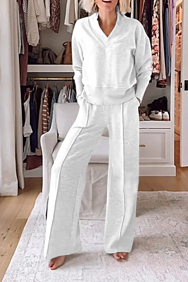Women's Solid Color V-Neck Top & Elastic Waist Lounge Pants Set with Pockets - Cozy Winter Loungewear for Home, Yoga, and Relaxation