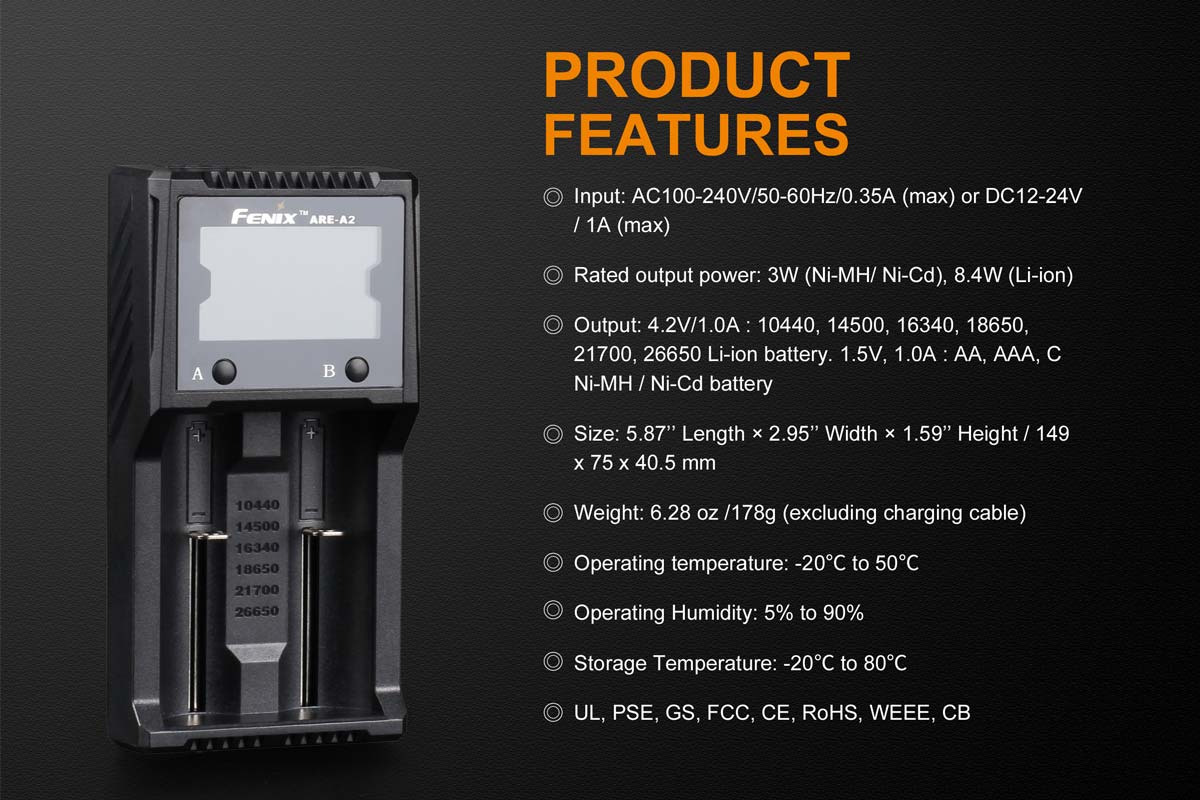 Fenix ARE A2 Smart Battery Charger for AA AAA NiMH Li-ion - Fast Charging with LCD Display - Perfect for Home, Travel, and Emergency Preparedness