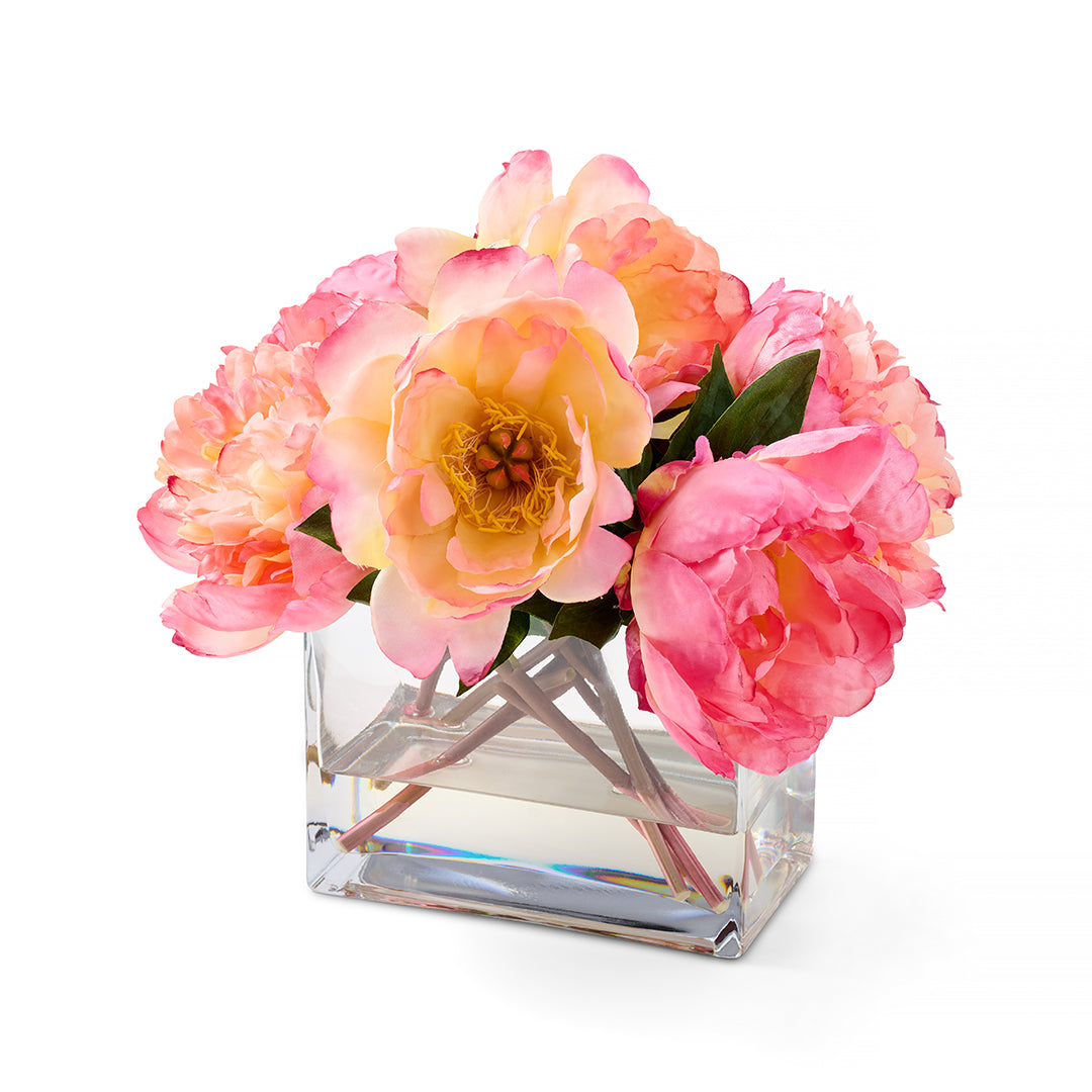 Beautiful Peonies in Glass Block Vase - Elegant Floral Arrangement for Home Decor, Wedding Centerpieces & Gift Giving