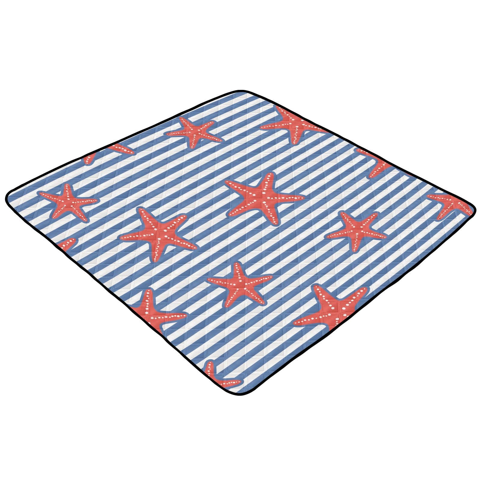 Starfish Blue Stripes Coastal Tropical Large Stylish Baby Play Mat - 50'' x 50'' Soft Non-Slip Floor Mat for Infants, Toddlers & Kids - Perfect for Indoor/Outdoor Playtime, Tummy Time & Nursery Decor