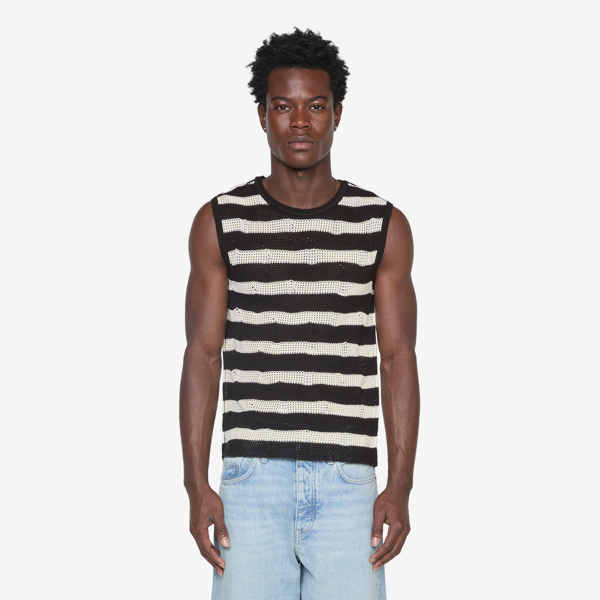 Damaged Net Sleeveless Sweater for Women - Black & Ecru | Trendy Distressed Knit Top for Casual Outings and Layering