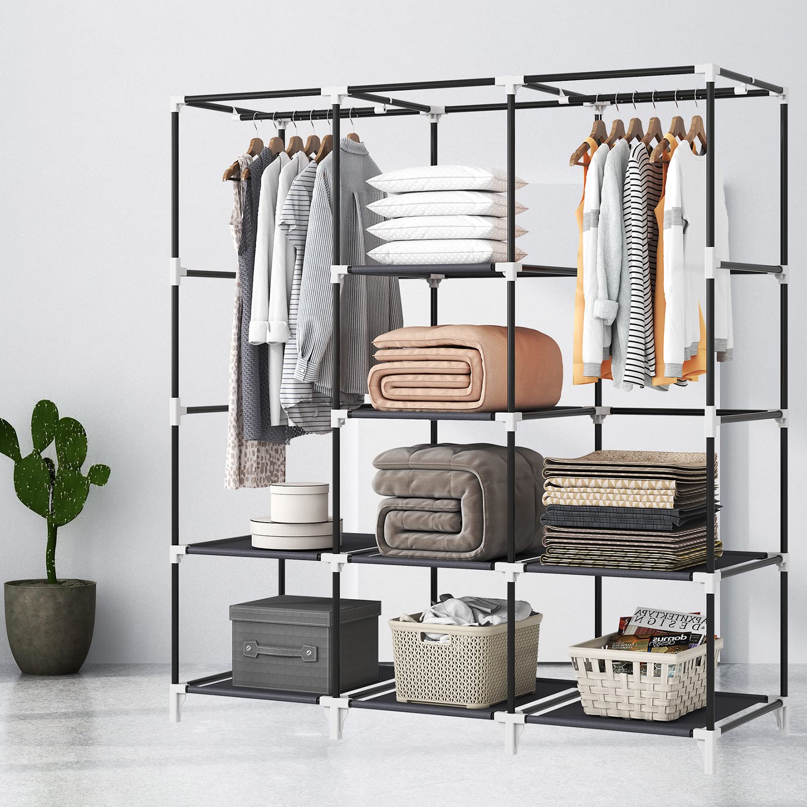 51 Inch Portable Wardrobe Closet with 2 Hanging Rods & 8 Shelves - Durable Hanging Closet Organizer for Bedroom, Easy Assembly, Space-Saving Storage Solution - Perfect for Small Apartments, Dorms, and Guest Rooms (Grey)