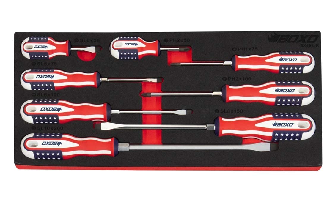 BOXO Limited Edition 8-Piece American Flag Handle Screwdriver Set - Durable Home & Auto Repair Tools for DIY Projects, Construction, and Maintenance