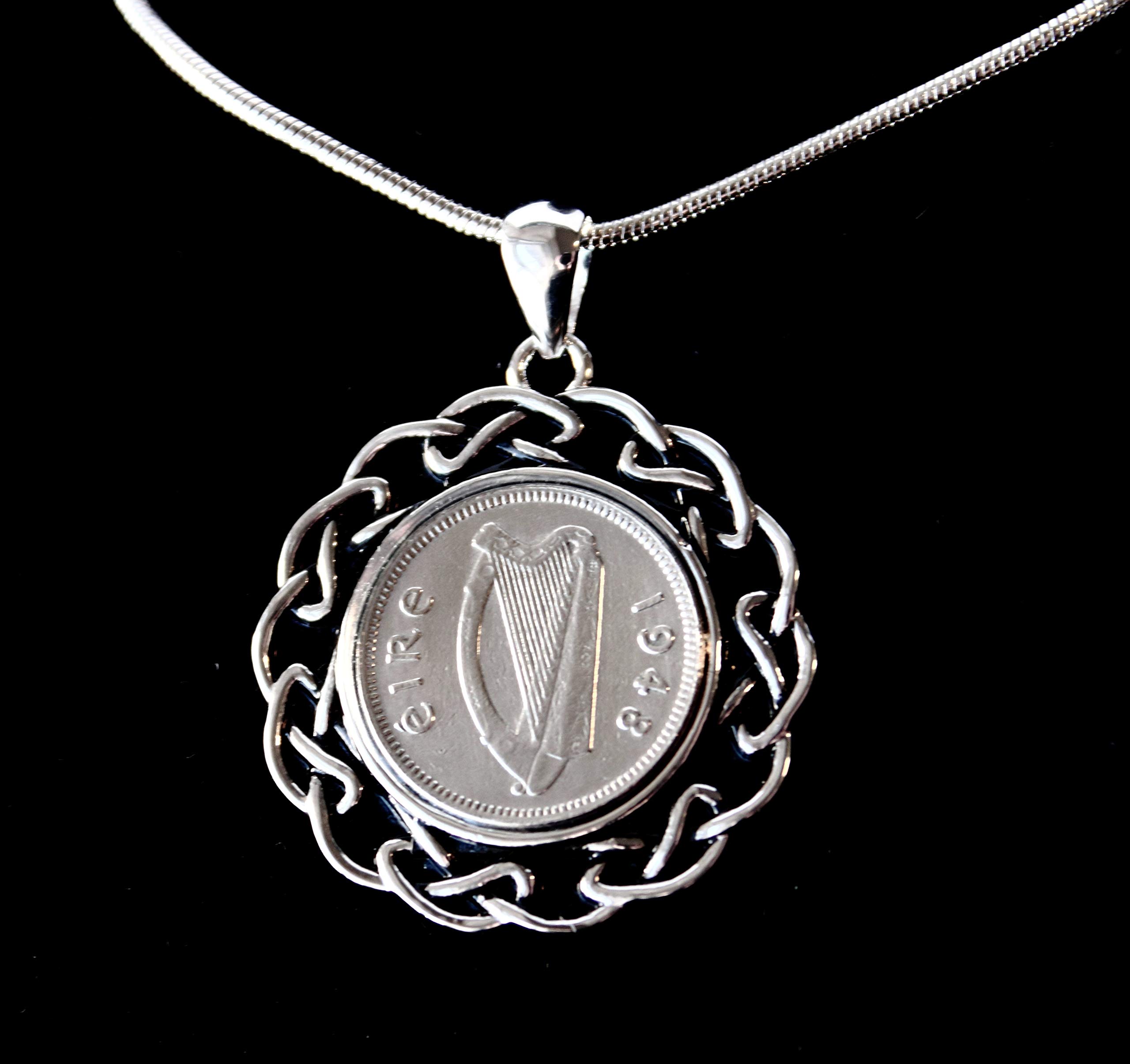 Vintage 1948 Irish Threepence Rhodium Plated Pendant Necklace - Unique Birthday Gift for Women, Anniversary Present, Celtic Jewelry for Special Occasions
