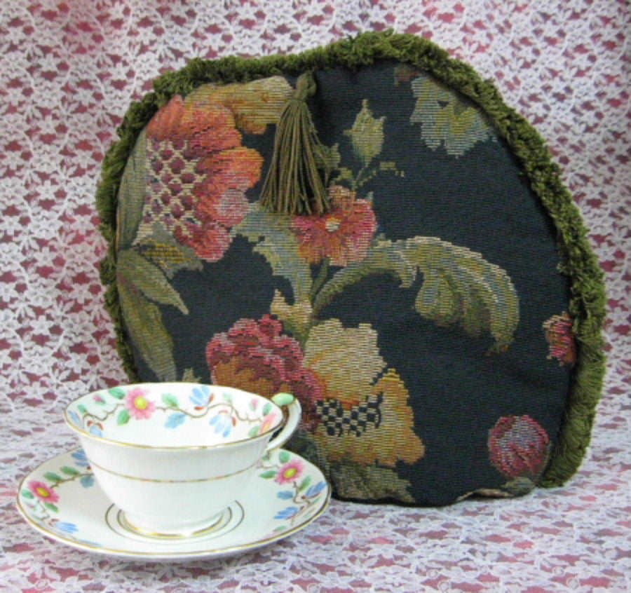 Navy Blue Padded Tea Cozy with Jacobean Floral Design & Green Fringe - Insulated Tea Pot Cover for English Tea Time, Afternoon Tea Parties & Cozy Kitchen Decor