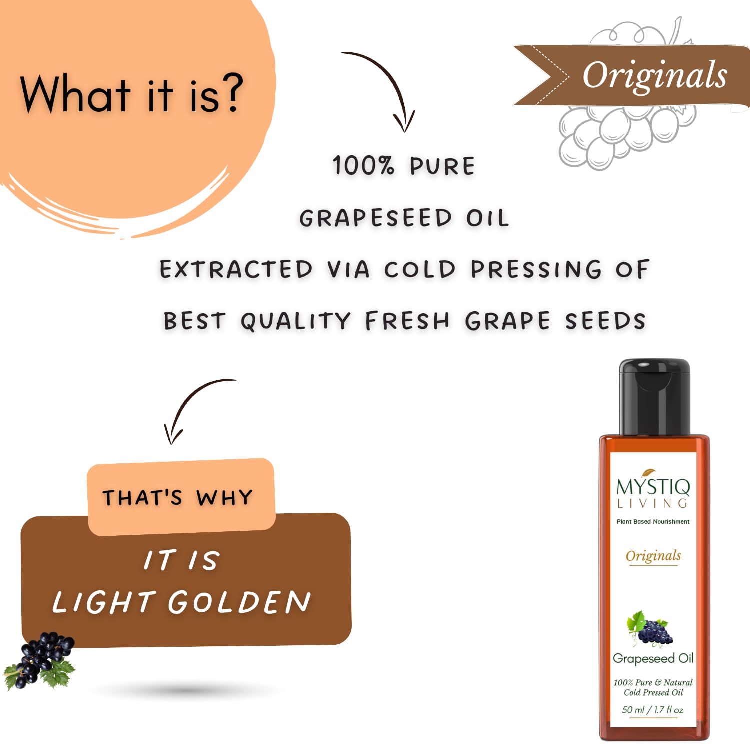 Cold Pressed 100% Pure Grapeseed Oil for Hair & Skin Care - Anti-Aging, Glow Booster, Acne Treatment | 50ml Natural Moisturizer for Face, Body & Hair | Perfect for Daily Skincare Routine & Massage Therapy
