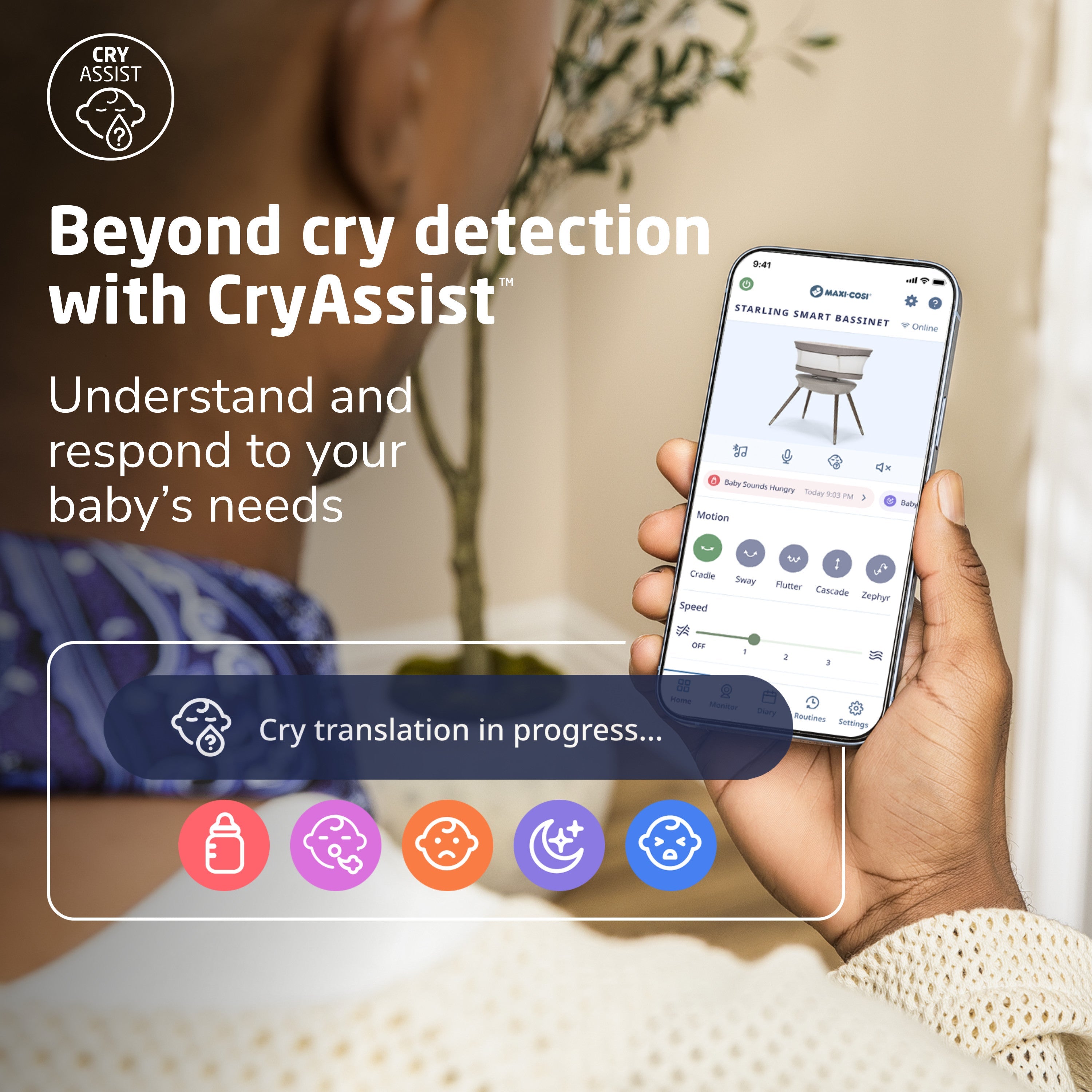 Maxi Cosi Kindred Starling Smart Bassinet - Auto Rocking Baby Crib with Bluetooth & Sleep Tracking - Perfect for Newborns & Infants - Ideal for Nursery, Bedroom & Travel Use