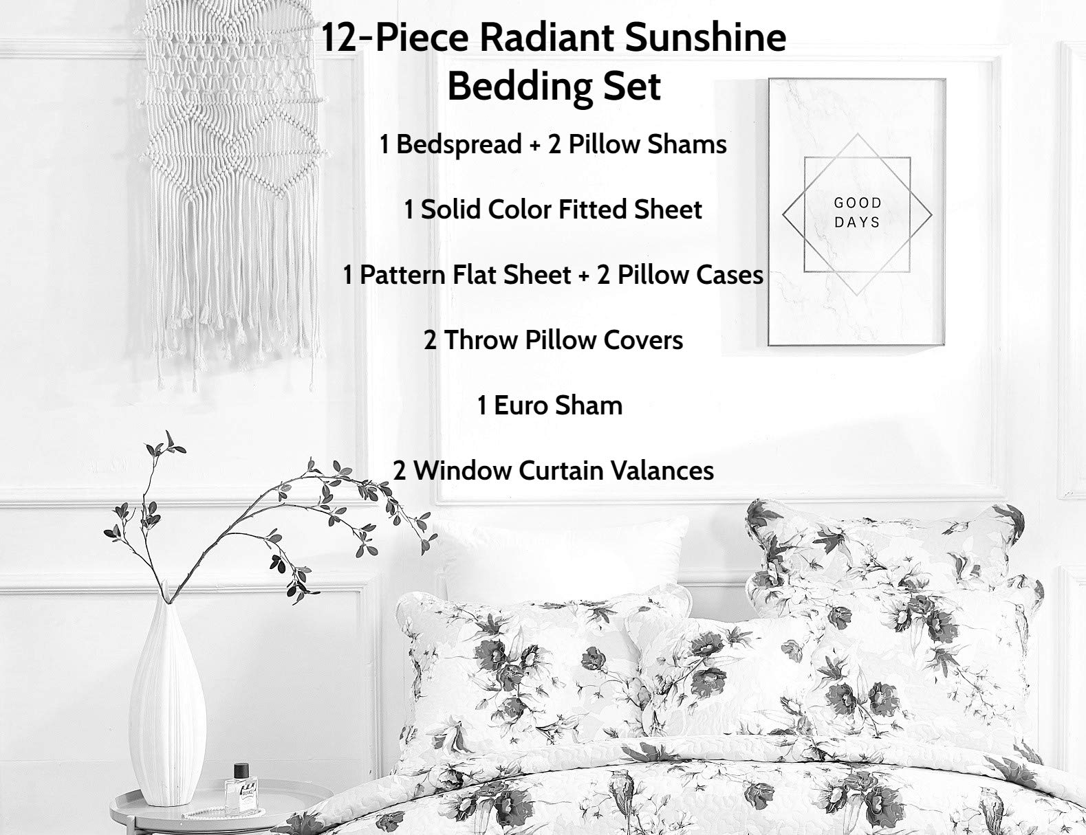 DaDalogy 12-Piece Queen Size Bed in a Bag Set - Botanical Radiant Sunshine Yellow Hummingbird Floral Bedding Set with Fitted Sheet, Flat Sheet, Euro Shams, Throw Pillow Covers & Window Valance | Complete Bedroom Decor for Master Bedroom, Guest Room & Vacation Homes
