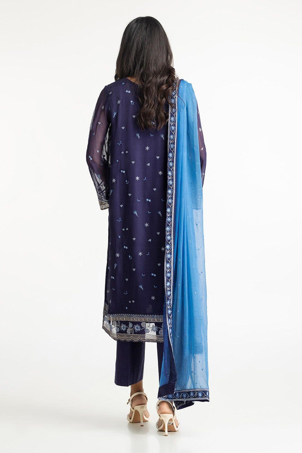 Gul Ahmed Navy Blue Embroidered Chiffon Stitched Suit for Women - Elegant Party Wear & Formal Occasions
