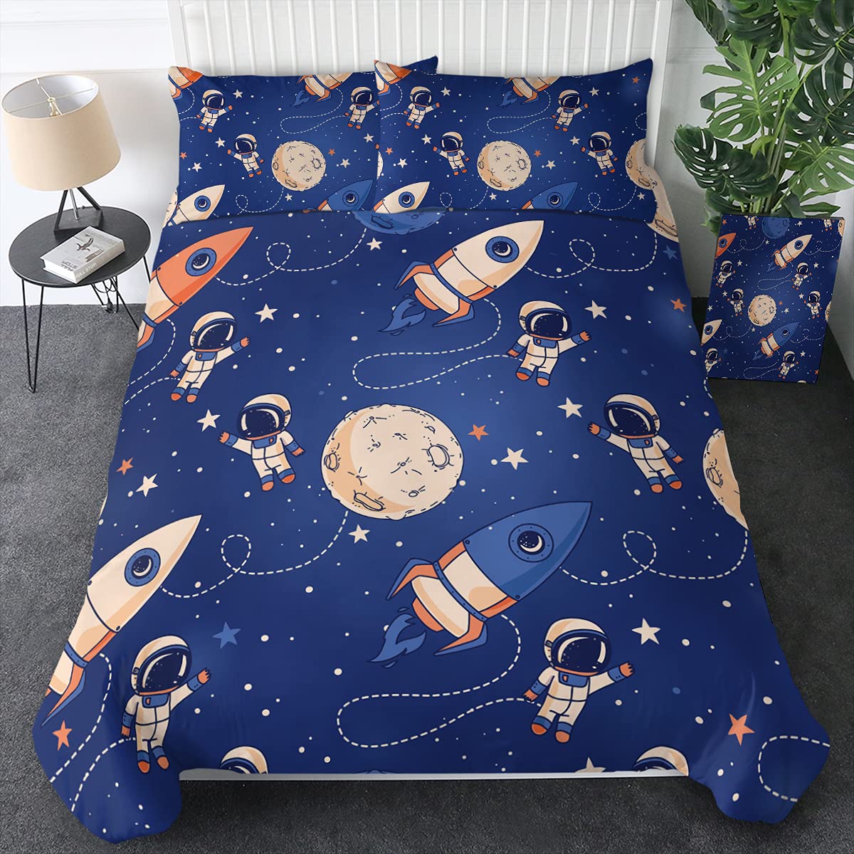**Sleepwish 3-Piece Kids Duvet Cover Set - Dark Blue Rocket Ship Space Theme, Astronaut & Planets Design, Queen Size Bedding for Boys & Girls - Perfect for Kids' Bedrooms, Space-Themed Decor & Cozy Sleep**