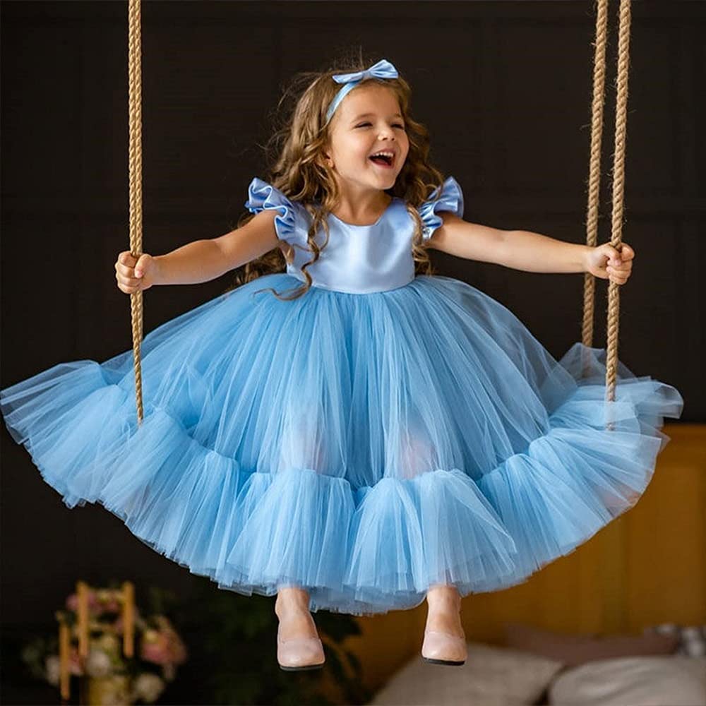0-6T Big Bowknot Sequins Toddler Baby Girls Embroidered Lace Dresses with Headwear - Elegant Party Outfits for Birthday, Christening & Special Occasions